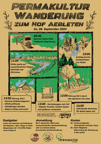 Flyer der Permakultur Wanderung 2024 zum Hof Aebleten