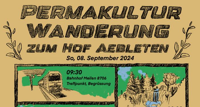 Flyer der Permakultur Wanderung 2024 zum Hof Aebleten